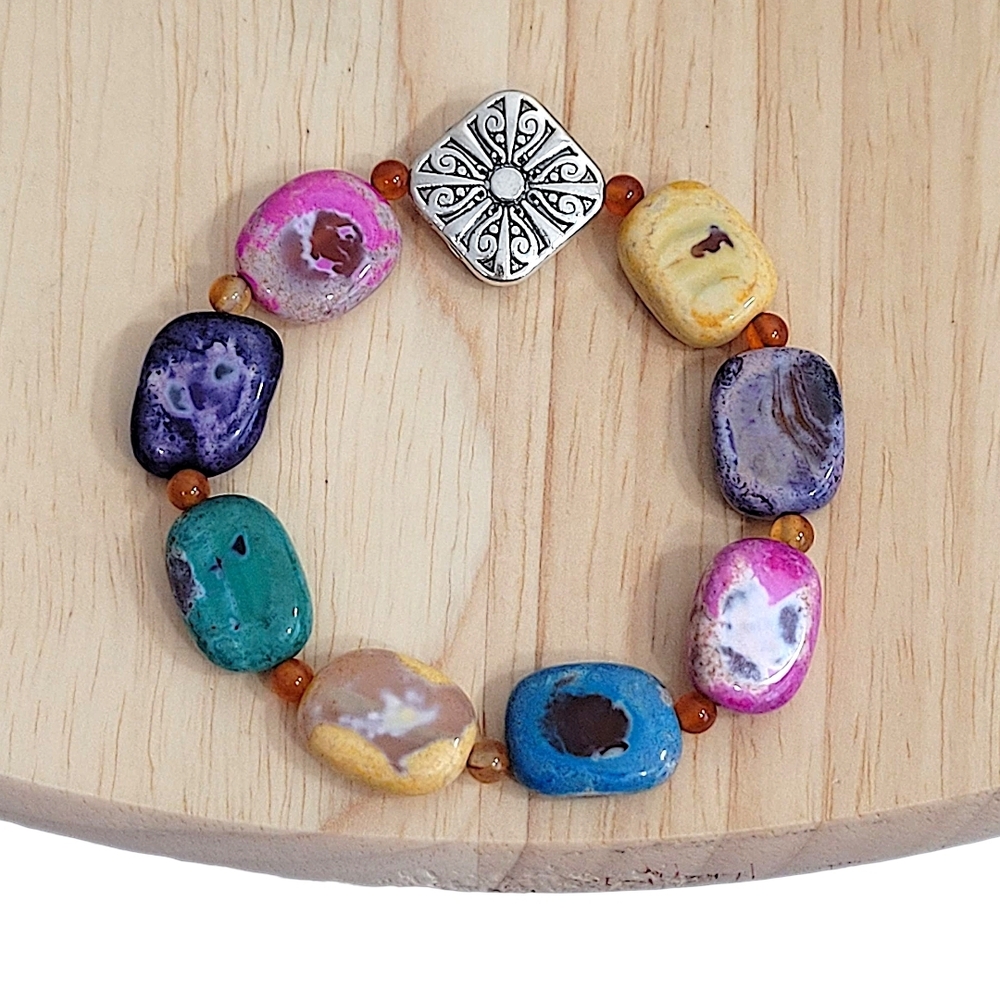 Hand Crafted Multicolor Stone Bracelet 12mm Rainbow Agate - Picture 1 of 7
